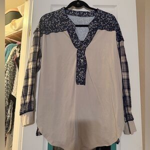 Three Bird Nest Floral and Plaid Women's Top - Blue and Cream